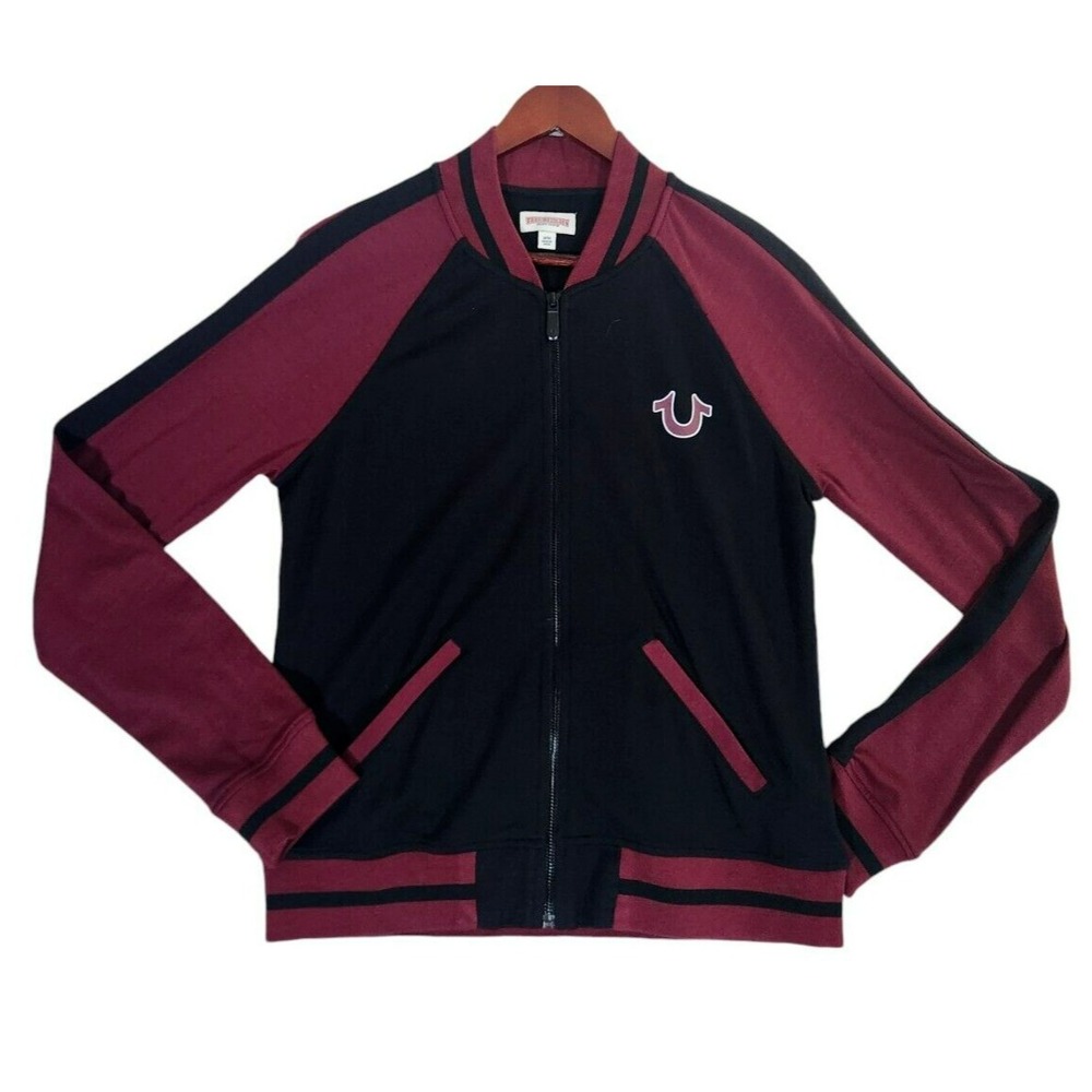True Religion Bomber Jacket Women's Medium Burgundy Black Full Zip Pockets
